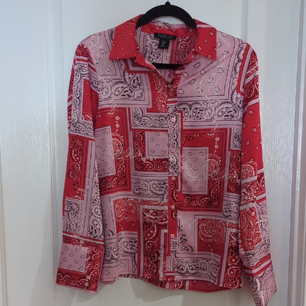 Rachel Zoe Red and Pink Patterned Paisley Blouse Size M